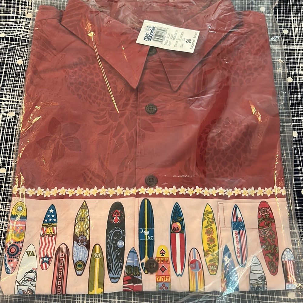 Reyn Spooner Hawaiian Shirt 2006 Trader Joe’s Anniversary Shirt. Burgundy color